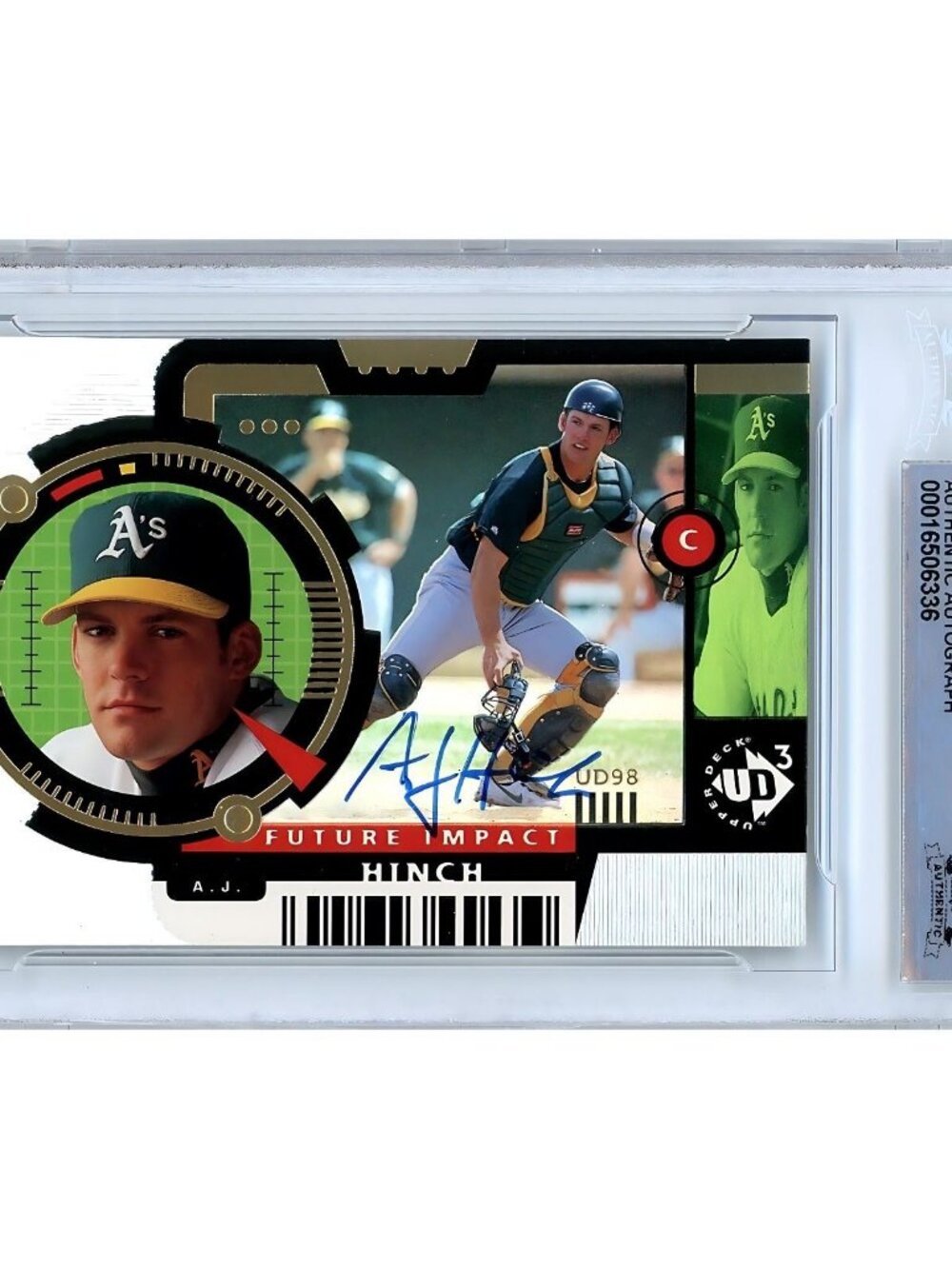 AJ Hinch Signed 1998 UD3 Future Impact #182 Athletics Baseball Card BAS Slab